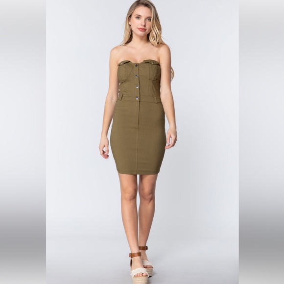 FEW LEFT “Summer Love" Olive Green Strapless Button Down Mini Dress - Picture 3 of 6